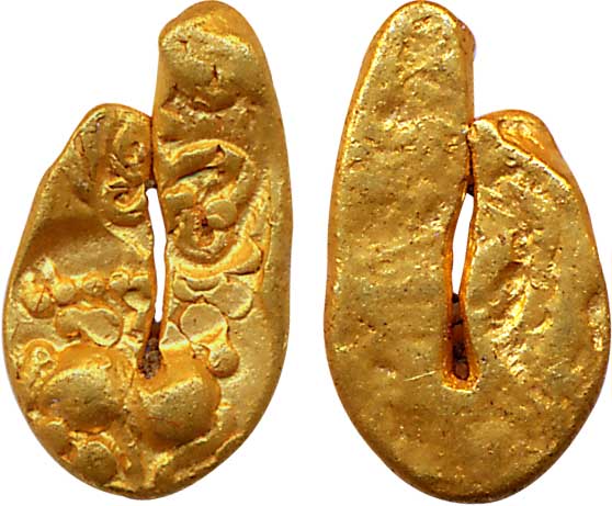 Chalukyas of Kalyana or feudatories, Gold, U shape Fanam, 0.52g, Three punches – 1 x lion,