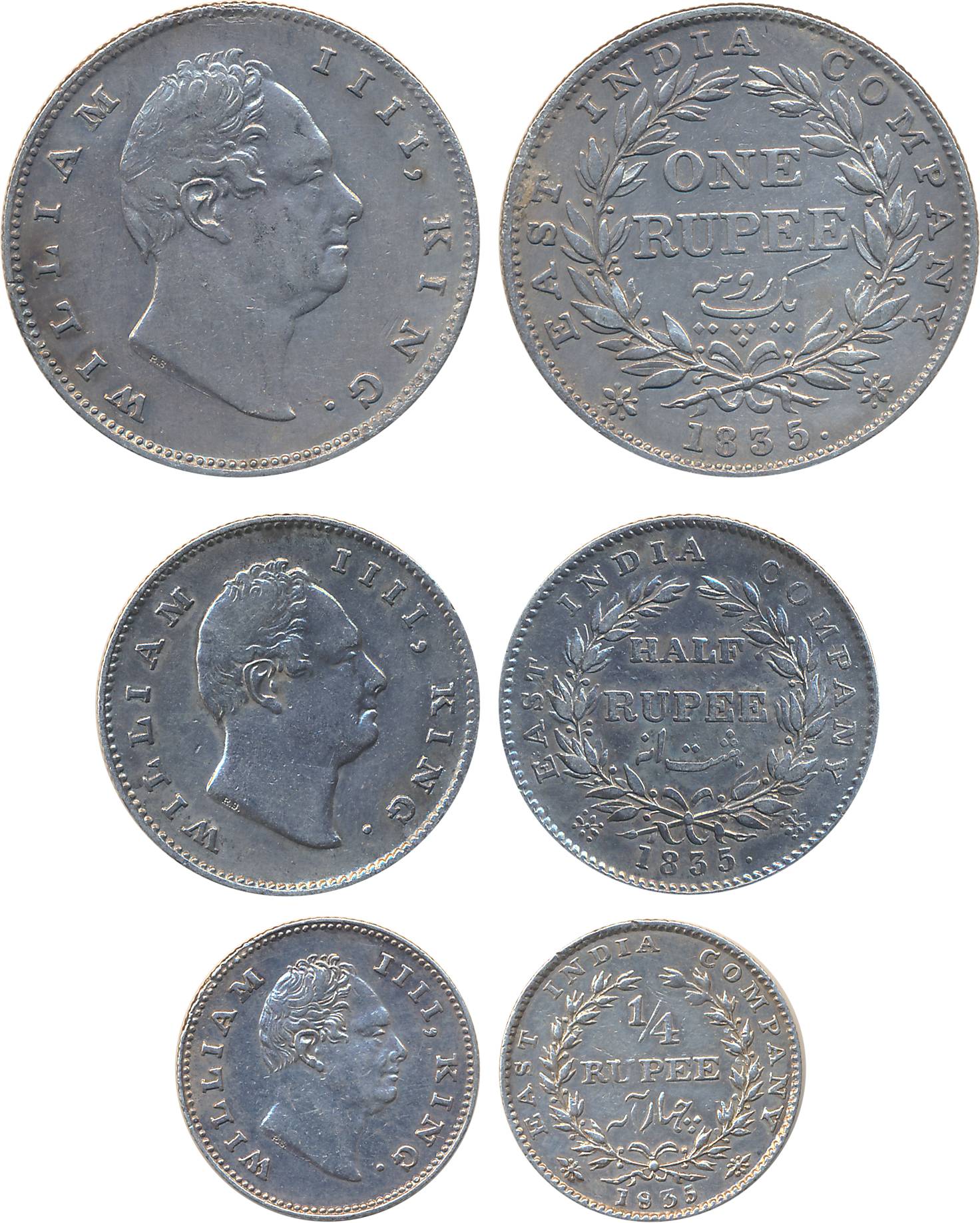 William IIII, Silver (3) Set of Rupee, ½ Rupee & ¼ Rupee,” RS” incused on truncation on al