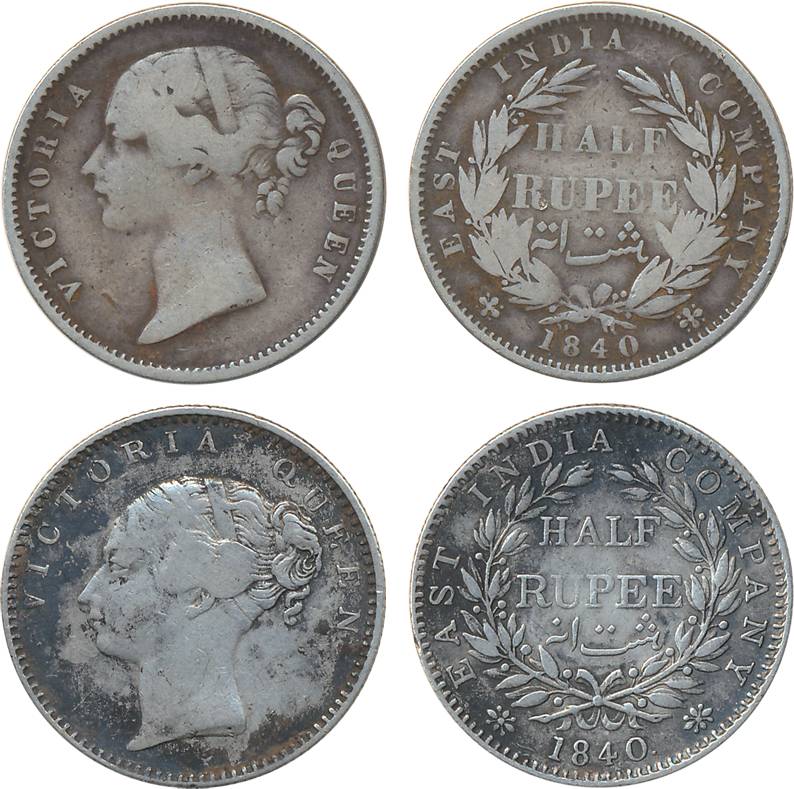 Victoria Queen, Silver ½ Rupees (2), “CL & DL”, 1840. Cleaned, fine+, scarce. 2 coins.