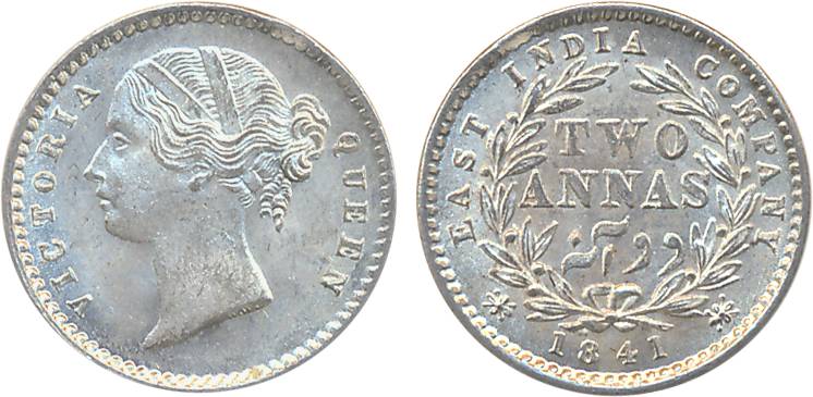 Victoria Queen, Silver 2 Anna, 1841. Uncirculated, rare.