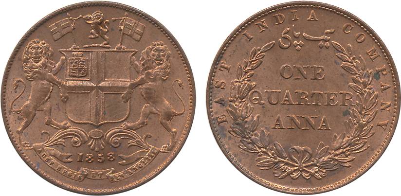 Copper ¼ Anna, 1858 (Prid# 156). Uncirculated, scarce.