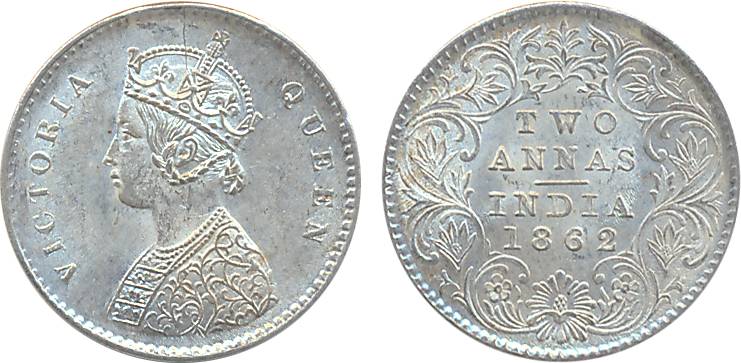 Victoria Queen, Silver 2 Anna, 1862. Uncirculated, rare.