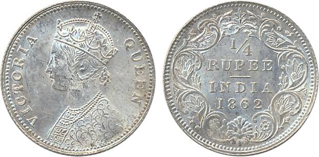 Victoria Empress, Silver ¼ Rupee, 1862. Uncirculated, rare.