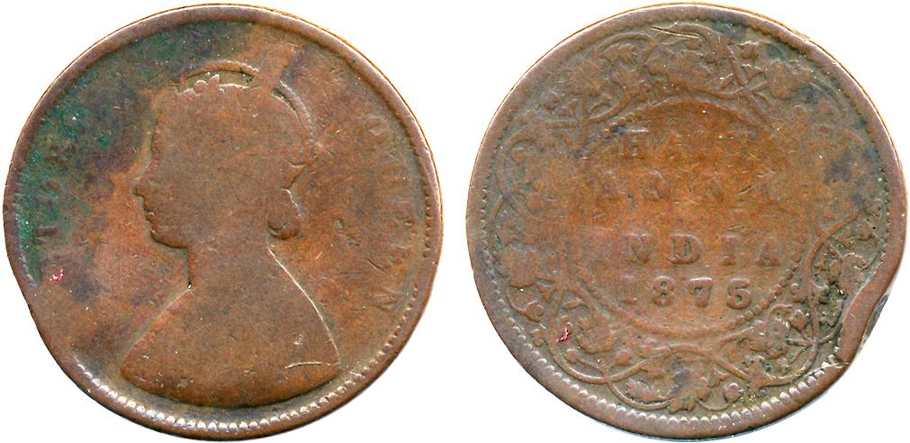 Victoria Queen, Copper ½ Anna, 1875 (Prid# 533). Edge rim little pressed at 7 O’ clock. Fi