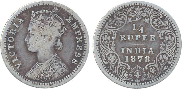 Victoria Queen, Silver 1/4 Rupee, 1878. Cleaned, very fine, scarce.
