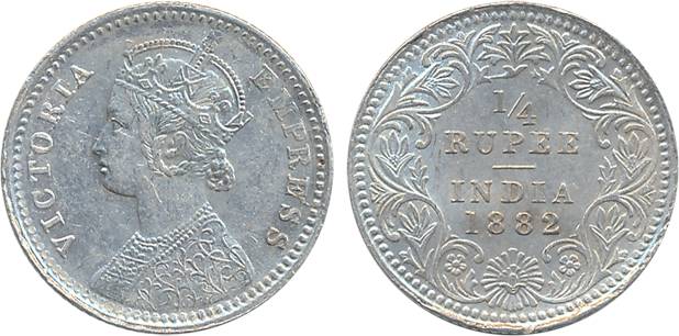 Victoria Empress, Silver ¼ Rupee, 1882. About uncirculated, rare.