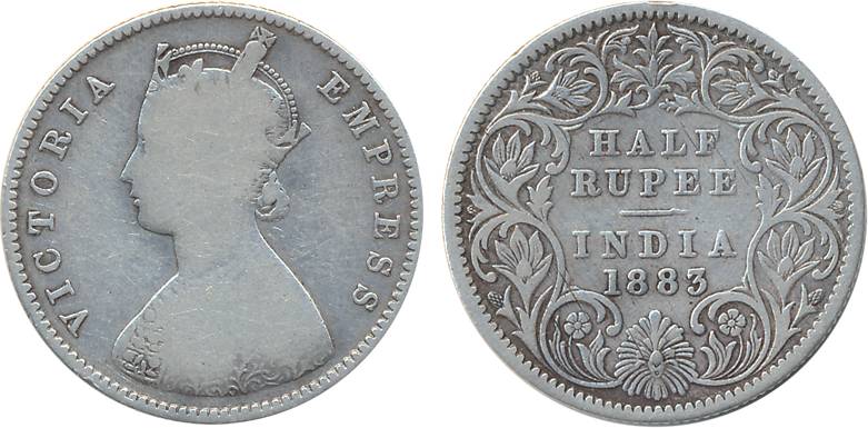 Victoria Empress, Silver ½ Rupee, 1883. Fine+, very rare.