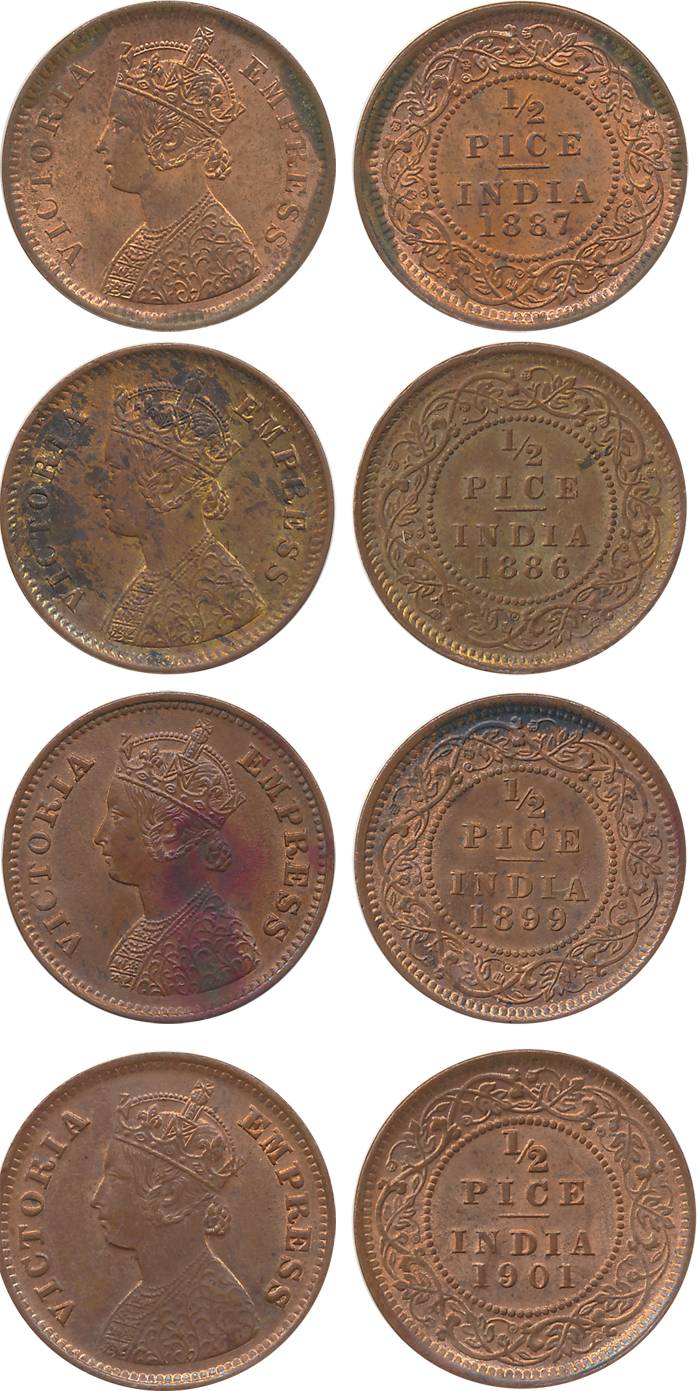 Victoria Empress, Copper ½ Pice (4), 1886, 1887, 1899 & 1901. Extremely fine to about unci