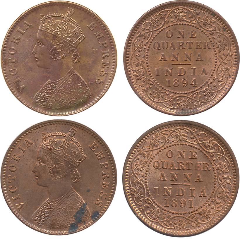Victoria Empress, Copper ¼ Anna (2), 1891, 1894. Extremely fine to about uncirculated. 2 c