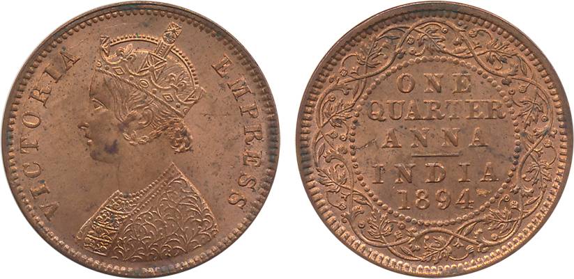 Victoria Empress, Copper ¼ Anna, 1894, Calcutta Mint (Prid# 627). Uncirculated, scarce.
