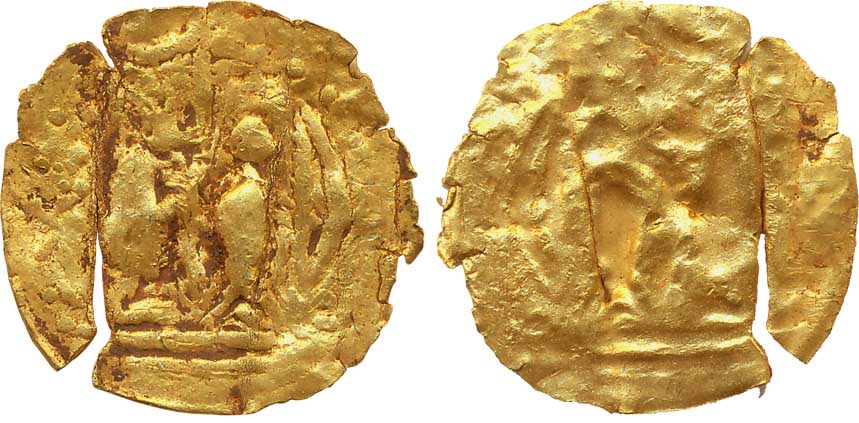 Chola, Re- Pouse Gold, 0.92, g, Royal Chola emblem struck by re- pouse technique. Broken a
