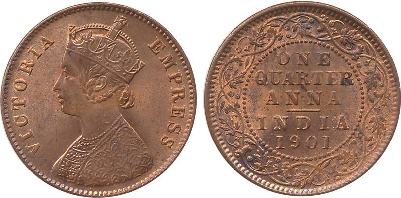 Victoria Empress, Copper ¼ Anna, 1901. Uncirculated.