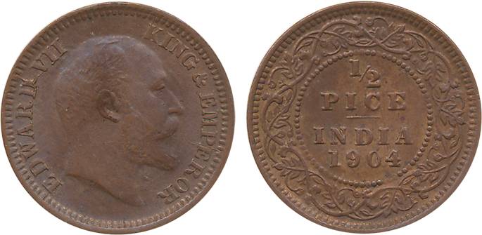 Edward VII, Copper, ½ Pice, 1904, Calcutta Mint (Prid# 736). Brown, uncirculated, scarce.