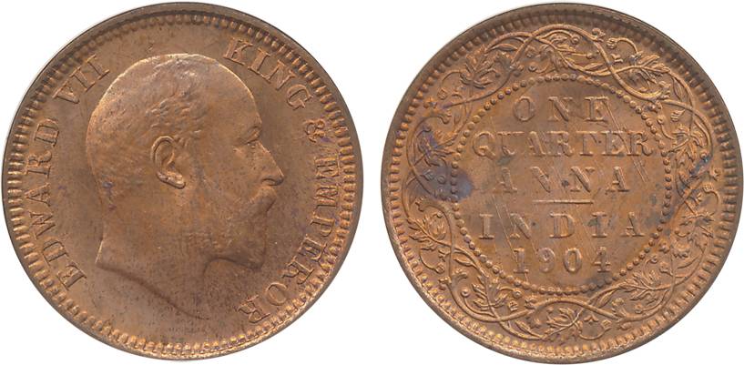 Edward VII, Copper, ¼ Anna, 1904, Calcutta Mint (Prid# 647). Uncirculated, scarce.