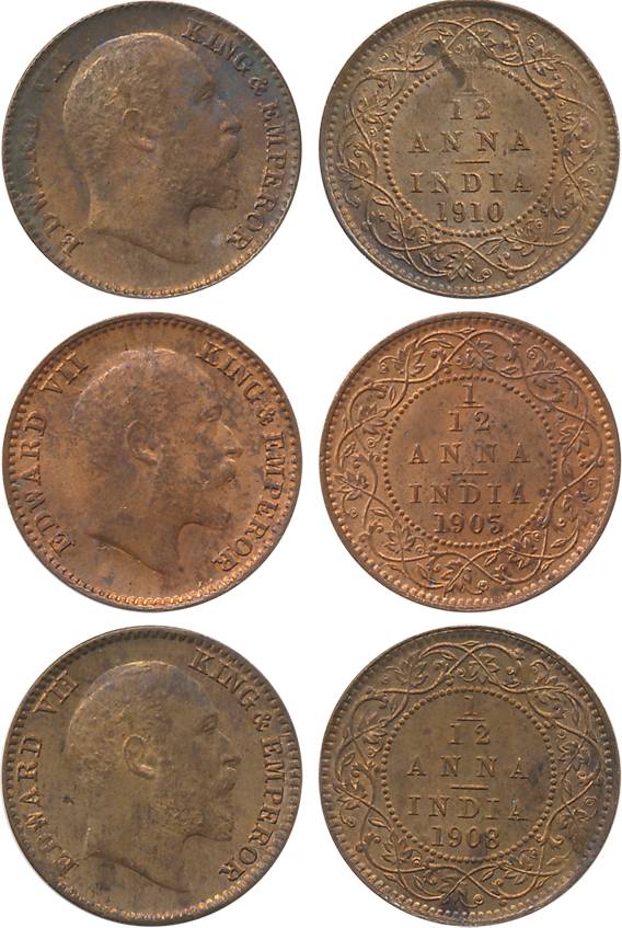 Edward VII, Copper 1/12 Anna (3), 1905, 1908 & 1910. About uncirculated. 3 coins.