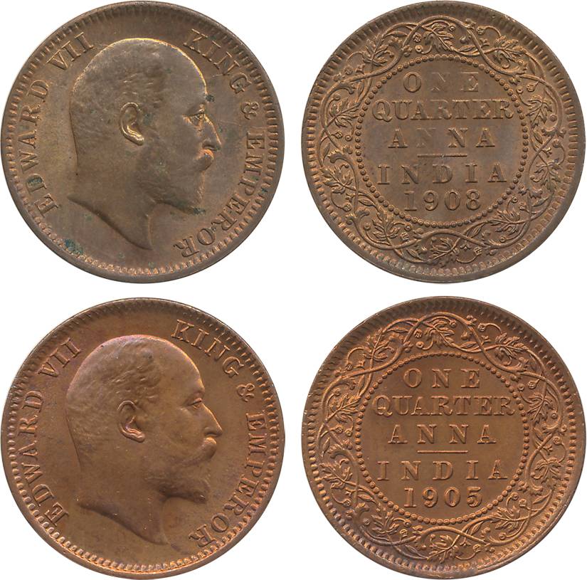 Edward VII, Copper ¼ Anna (2), 1905, 1908. About uncirculated. 2 coins.