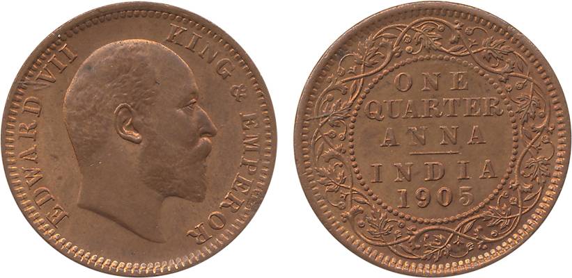 Edward VII, Copper, ¼ Anna, 1905, Calcutta Mint (Prid# 649). Uncirculated, scarce.