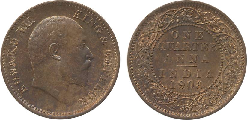 Edward VII, Copper, ¼ Anna, 1908, Calcutta Mint (Prid# 653). Uncirculated, scarce.