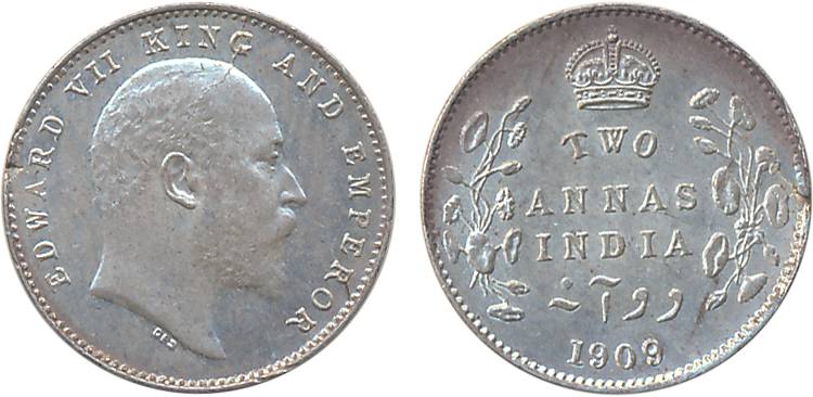 Edward VII, Silver 2 Anna, 1909. Minor dent on edge of obv otherwise extremely fine+, rare