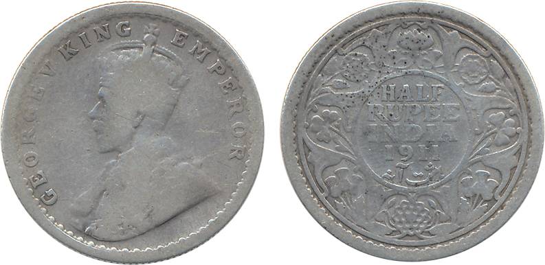 George V, Silver ½ Rupee, “Pig” type, 1911, Calcutta Mint (Prid# 318). Fine+, extremely ra