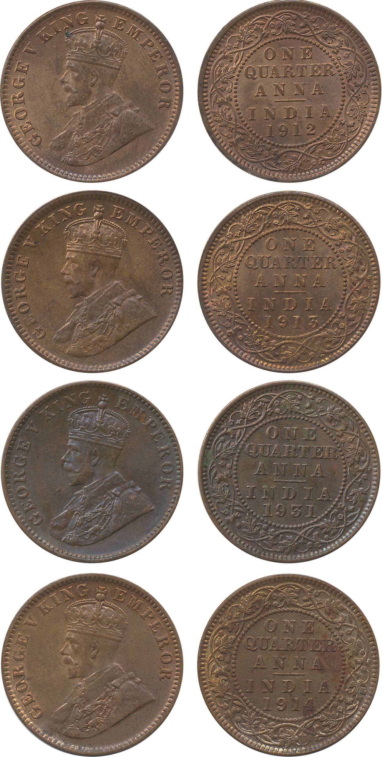 George V, Copper ¼ Anna (4), 1912, 1913, 1914 & 1931. Extremely fine to extremely fine+. 4