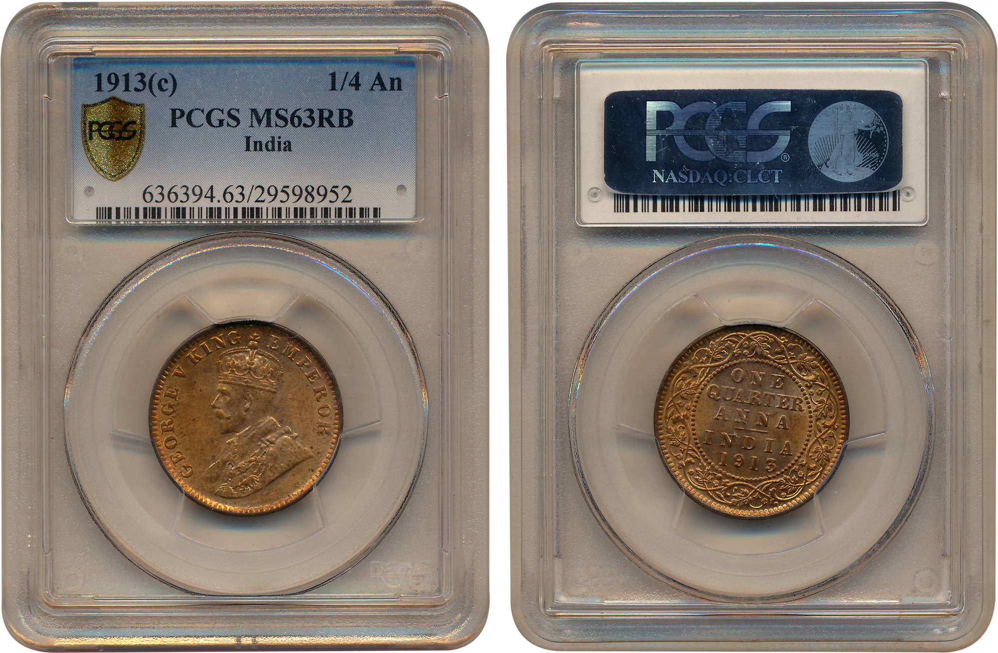 George V, Copper, 1/4 Anna, 1913, Calcutta Mint (Prid # 659). Graded & Slab by PCGS as MS 