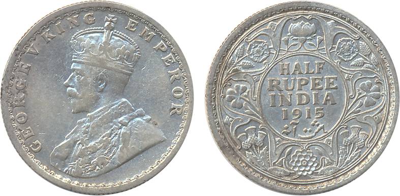 George V, Silver ½ Rupee, 1915. Very fine+, scarce.