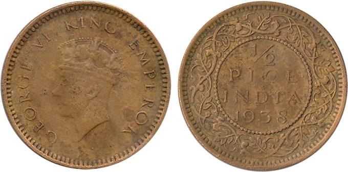 George VI, Copper ½ Pice, 1938, Calcutta Mint. Fine+, very rare.