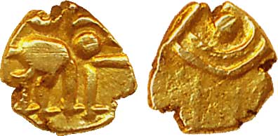 Kakatias of Warangal, Gold Fanam, 0.10g, Obv: Boar-Varaha to right, Rev: “Sri” in Kannada.