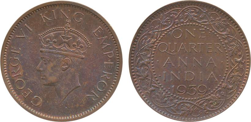 George VI, Bronze, ¼ Anna, 1939, Calcutta Mint Second (Matured) head (Unlisted). Brown, un