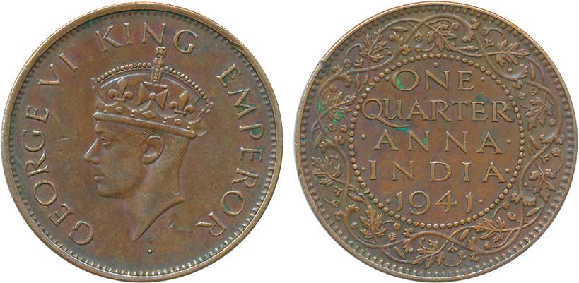 George VI, Copper ¼ Anna, 1941, Bombay Mint, Type II (Prid# 687). About extremely fine, sc