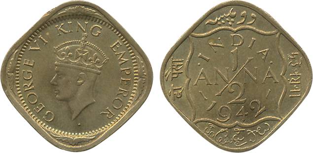 George VI, Copper Nickel, ½ Anna, 1942, Calcutta Mint (dots over both A of ANNA) (Prid# 98
