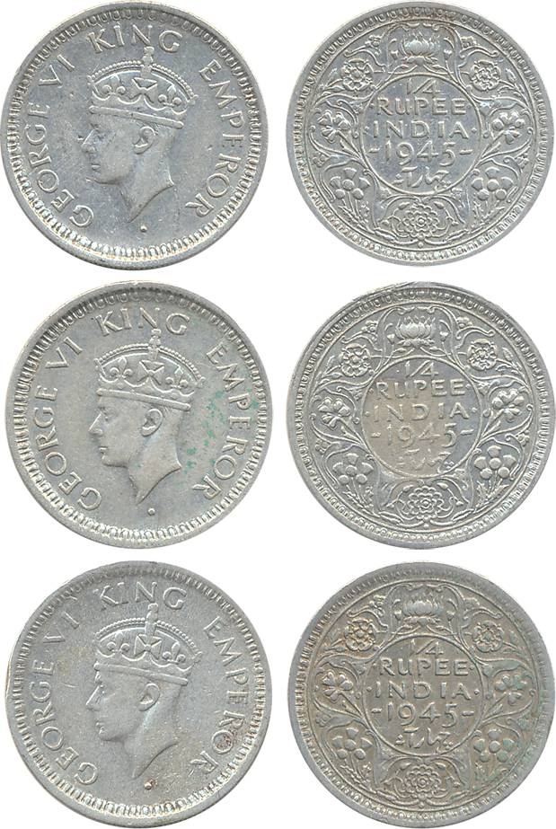 George VI, Silver ¼ Rupee (3), 1945, large 5. Very fine to very fine+. 3 coins.