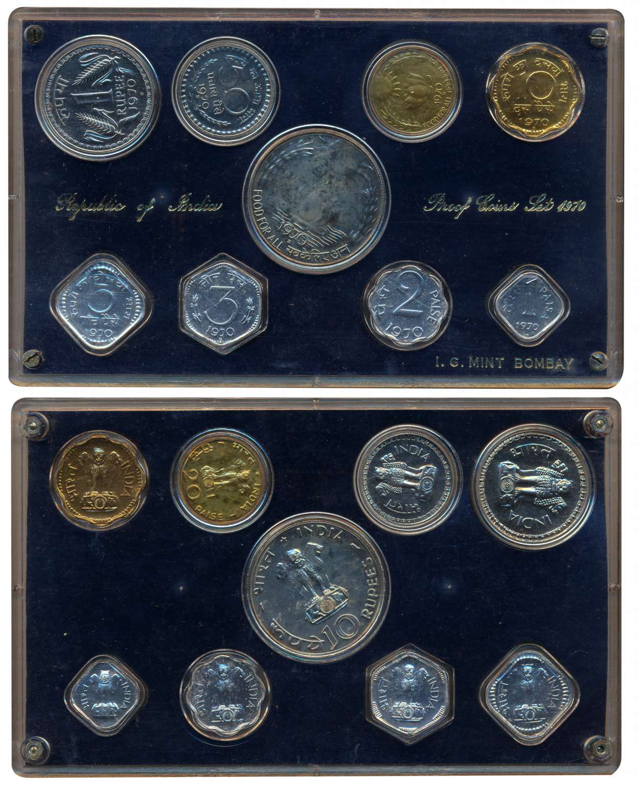 1970, Proof set of 9, ‘Food for All”, Bombay Mint, Rupees 10 & Paise 20 (FAO), Rupee 1, Pa