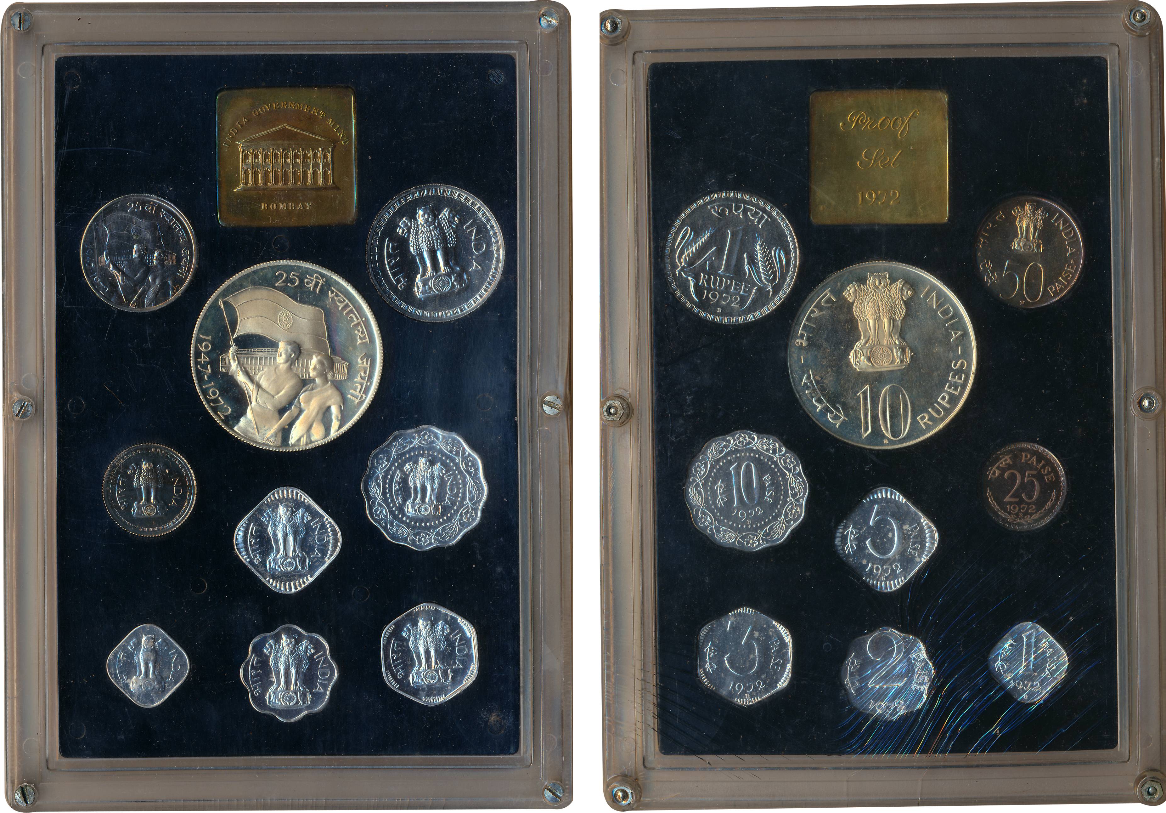 1972, Proof set of 9, ‘25th Anniversary of Independent”, Bombay Mint, Rupees 10 & Paise 50