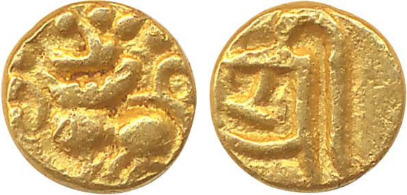 Kadambas of Goa, Gold Fanam, 0.40g, Obv: Lion facing left, Rev: Devnagari “Sri”. Very fine