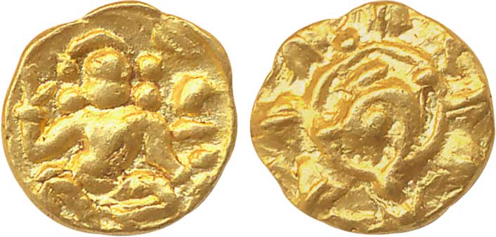Kadambas of Hangal, Gold, Fanam, 0.61g, Obv: Hanuman, seated cross-legged with head turned