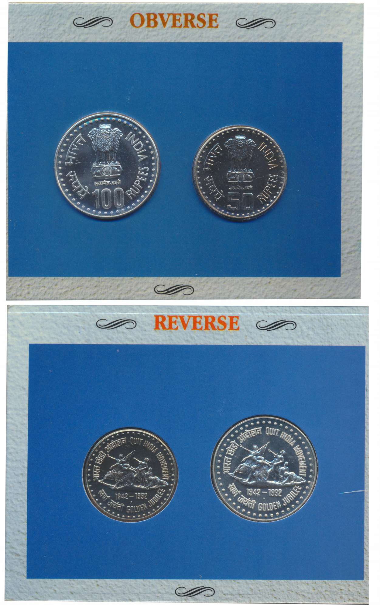 1992, Uncirculated Set of 2, “Quit India Movement ”, Bombay Mint, Rupees 100 & 50 (RB# 164