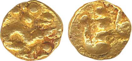 Kadambas of Hangal, Gold, ½ Fanam, 0.22g, Obv: Hanuman, seated cross-legged with head turn