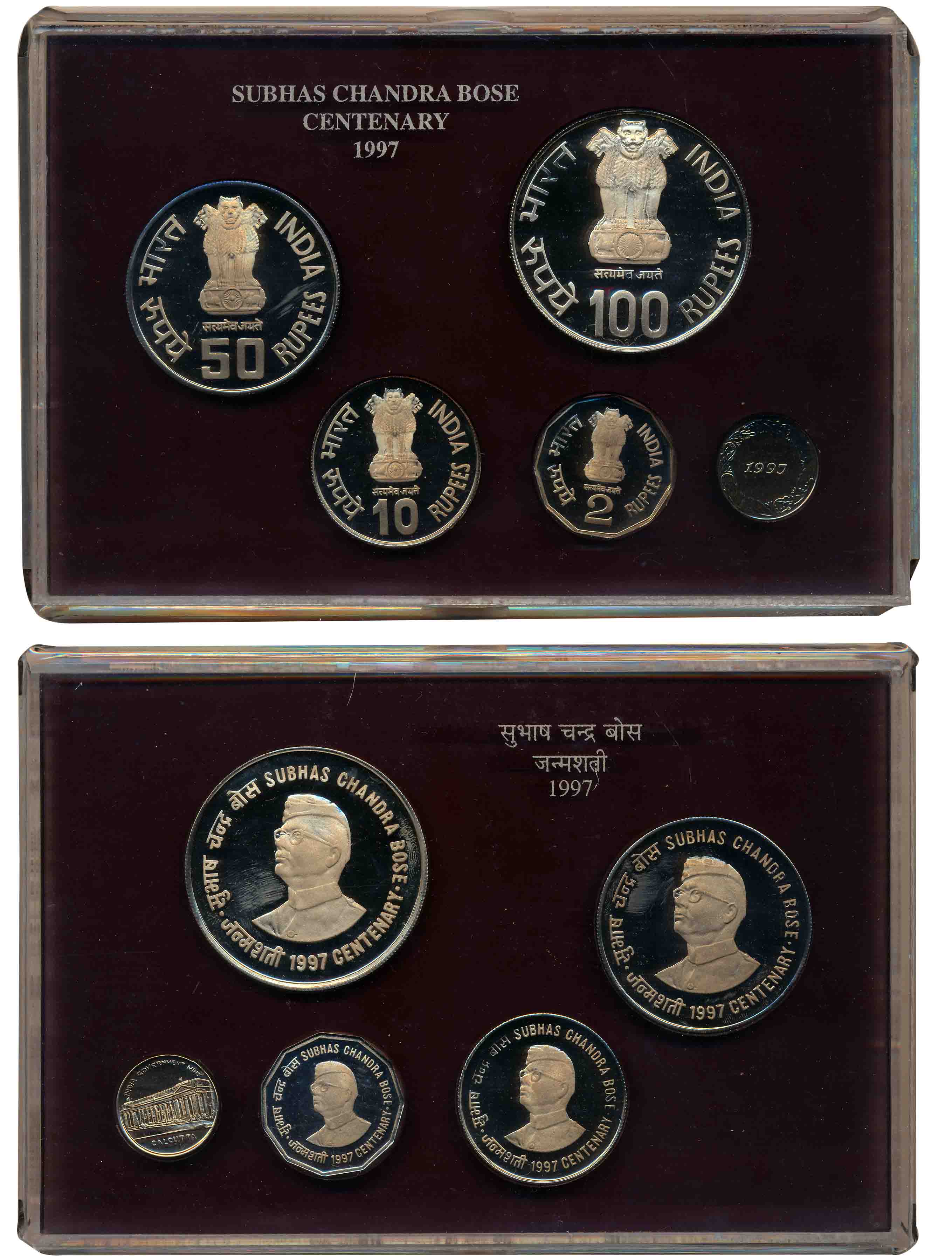 1997, Proof Set of 4, “Netaji Subhash Chandra Bose”, Calcutta Mint, Rupees 100, 50, 10 & 2