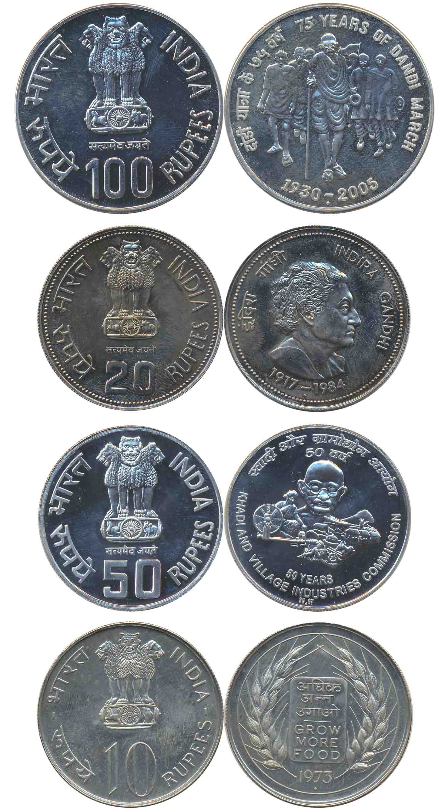 Uncirculated 2005, Silver, 75th Anniversary Dandi march, Rupees 100, (KM# 338), 1985, Copp