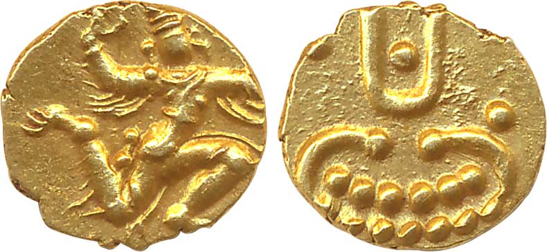 Banas, Samarkolahan, Gold, Fanam, 0.46g, Obv: Garuda running to right, Rev: Lion represent