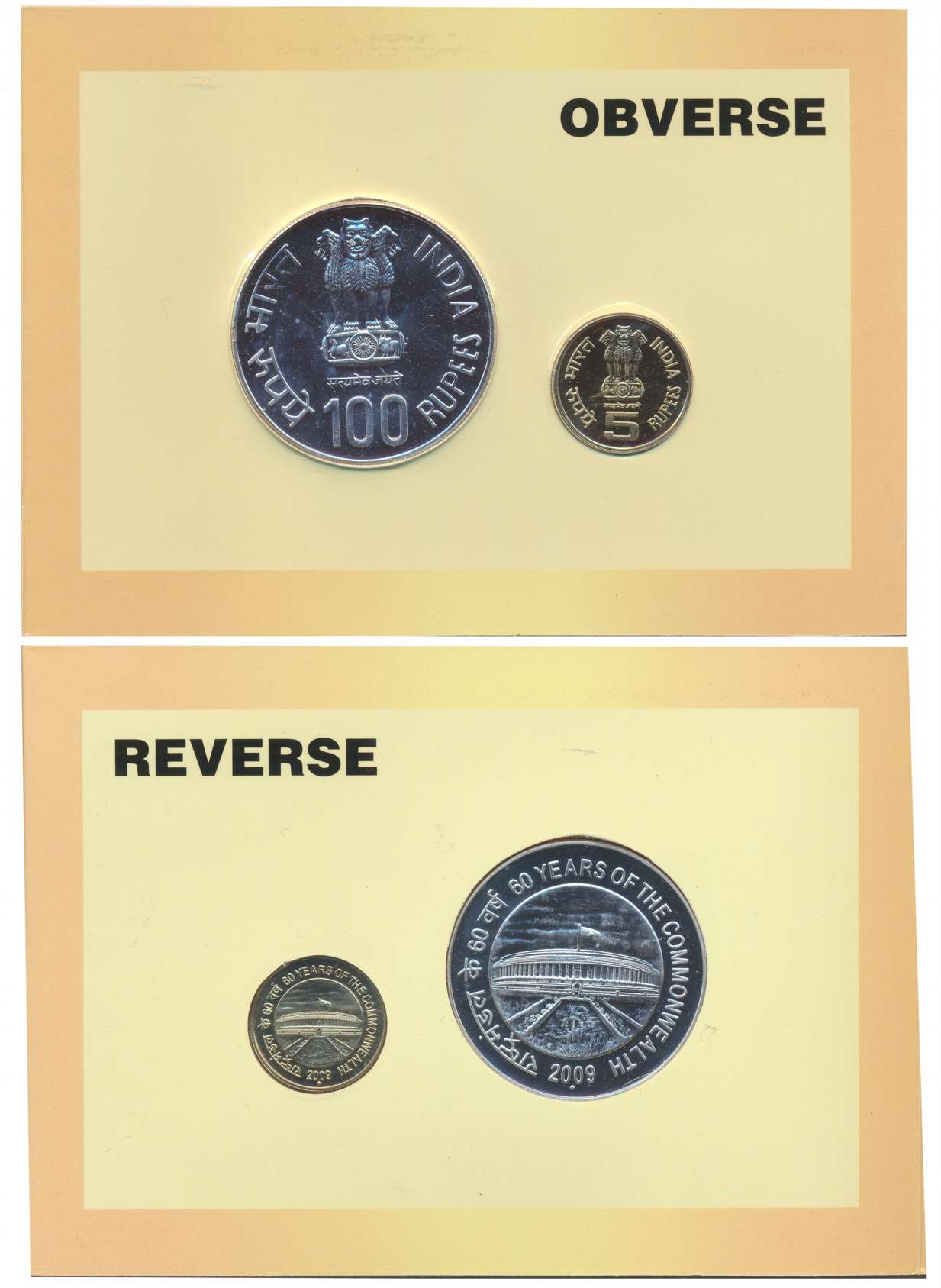 2009, Uncirculated set of 2, “60 Years of the Commonwealth”, ”, Bombay Mint, Rupees 100 & 