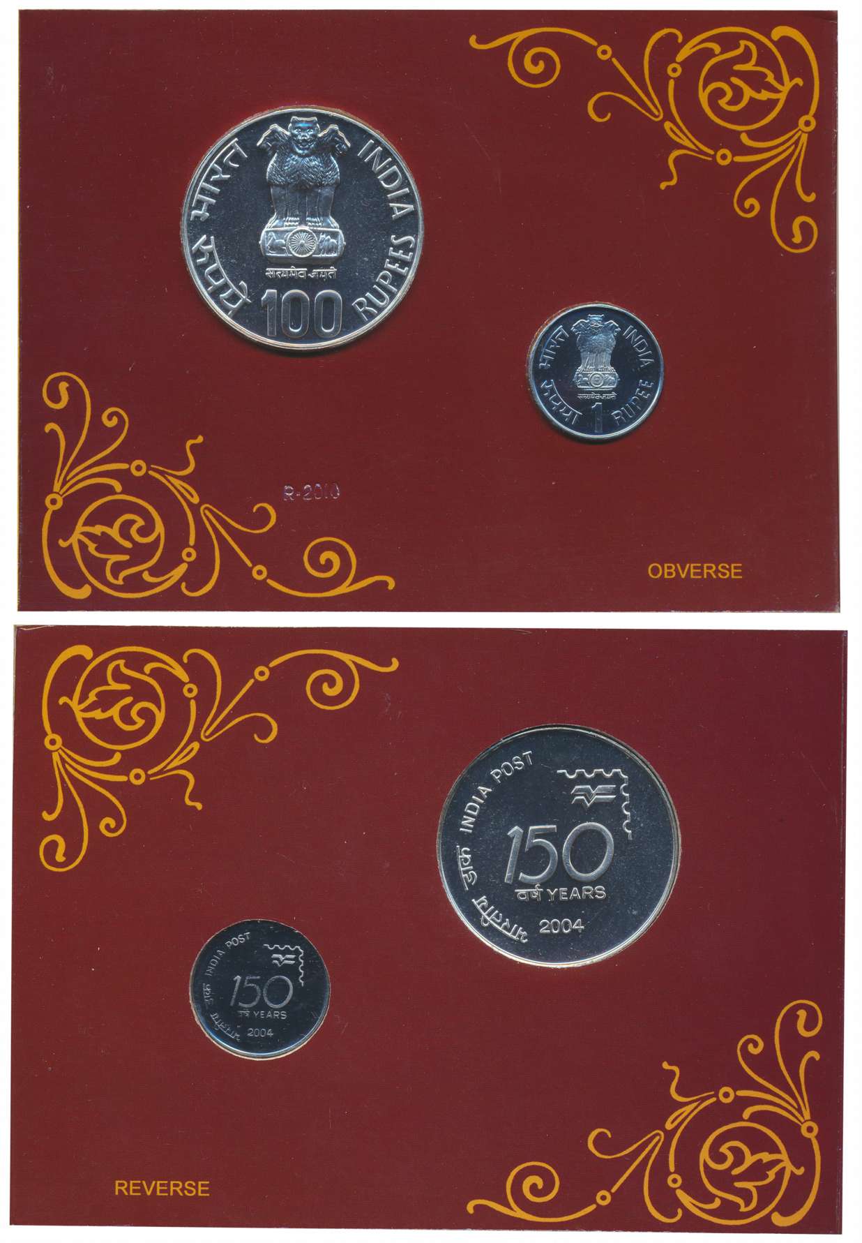 2010, Re-Strike, Uncirculated set of 2, “150 Years of Indian Post”, Kolkata Mint, Rupees 1