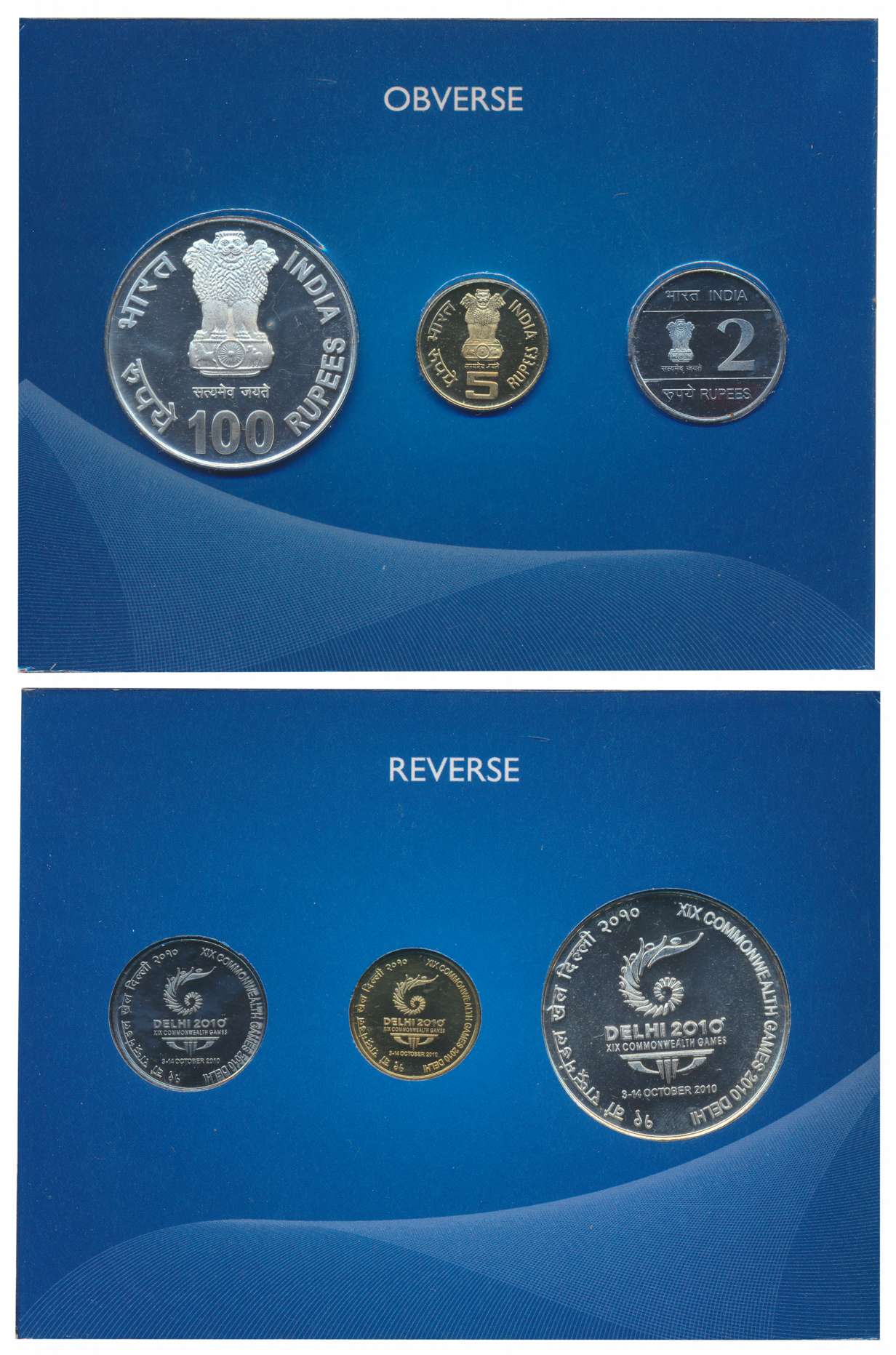 2010, Proof set of 3, “XIX Commonwealth Games Delhi 2010”, Kolkata Mint, Rupees 100, 5 & 2