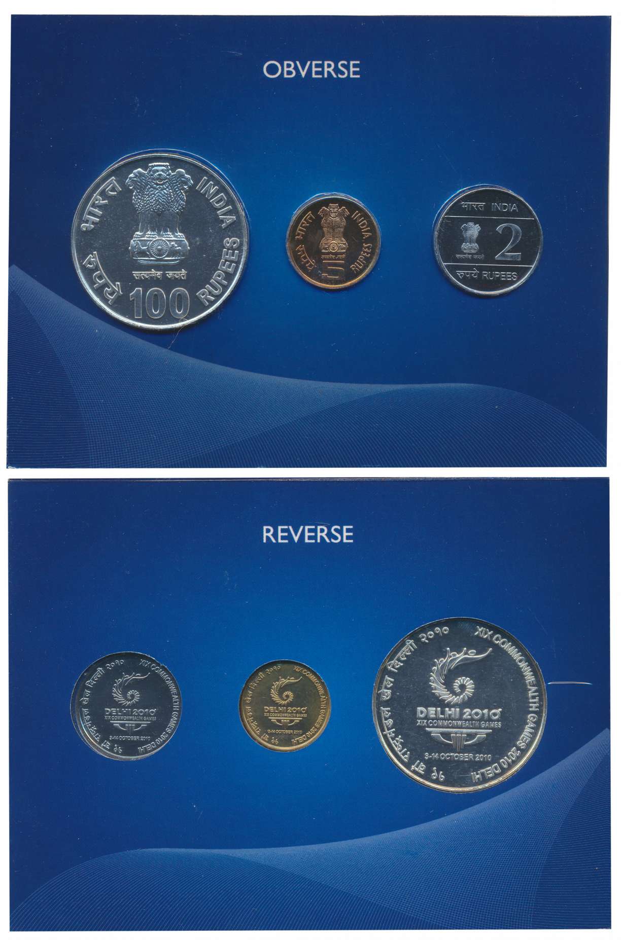2010, Uncirculated set of 3, “XIX Commonwealth Games Delhi 2010”, Kolkata Mint, Rupees 100