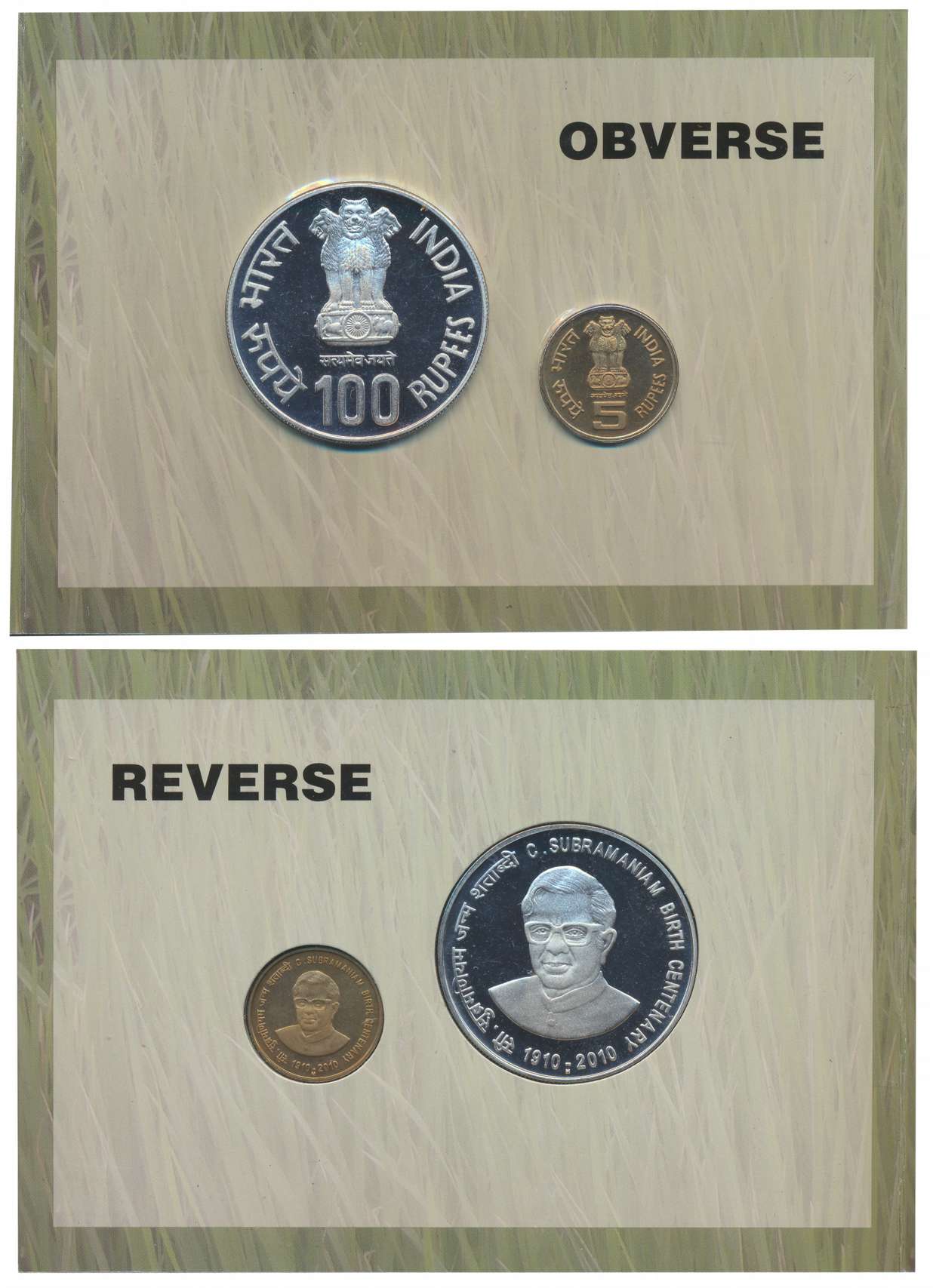 2010, Proof set of 2, “C Subramaniam Birth Centenary”, Mumbai Mint, Rupees 100 & 5. In bli