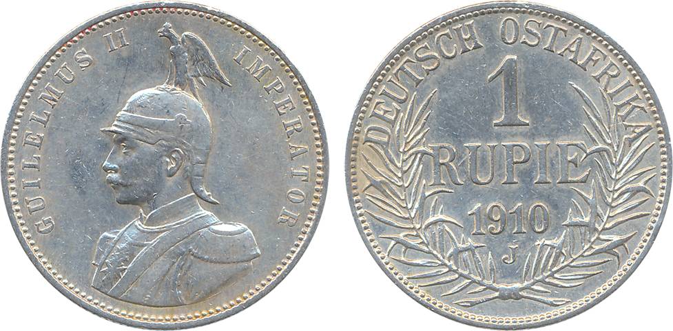 German East Africa, Wihelm II, Silver 1 Rupie, 1910J, Obv: Armored bust to left, Rev: Shie