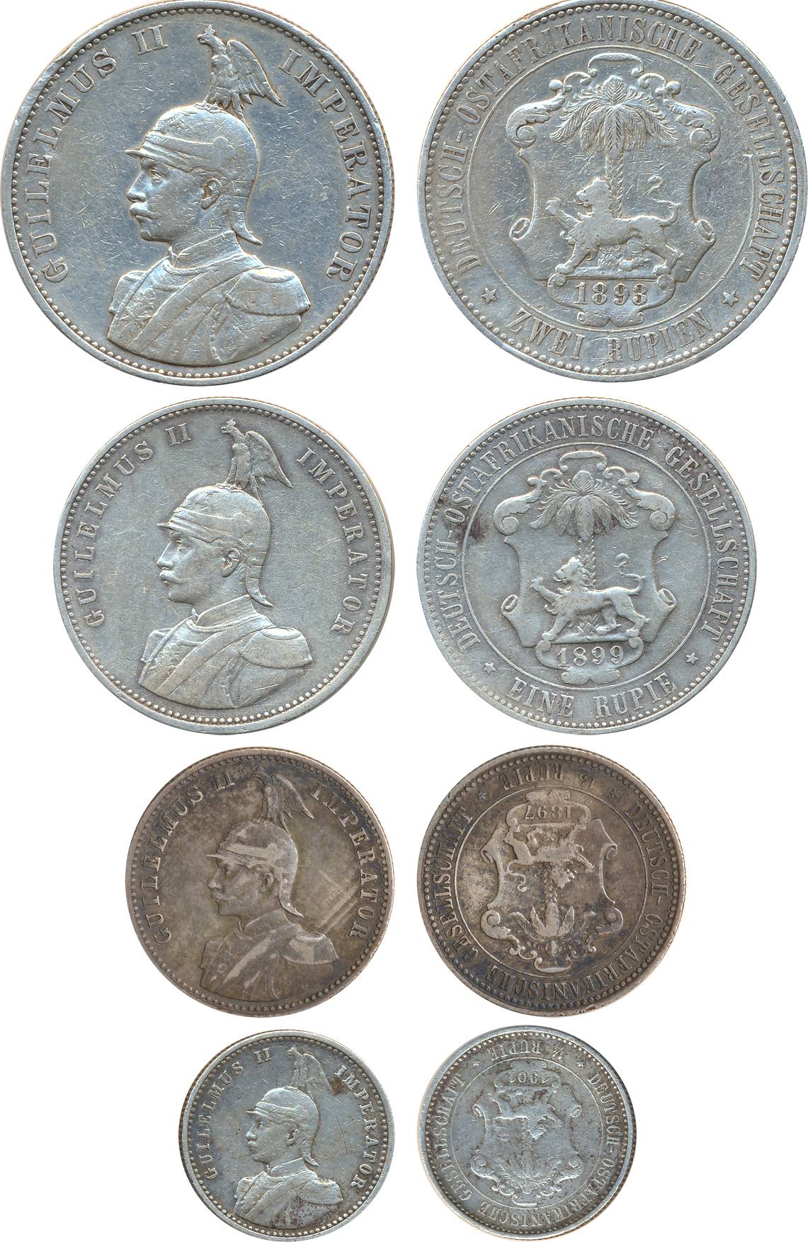 German East Africa, Silver set of 4, 2 Rupien 1893, Rupie 1899, ½ 1897 & ¼ Rupie 1901 (KM#