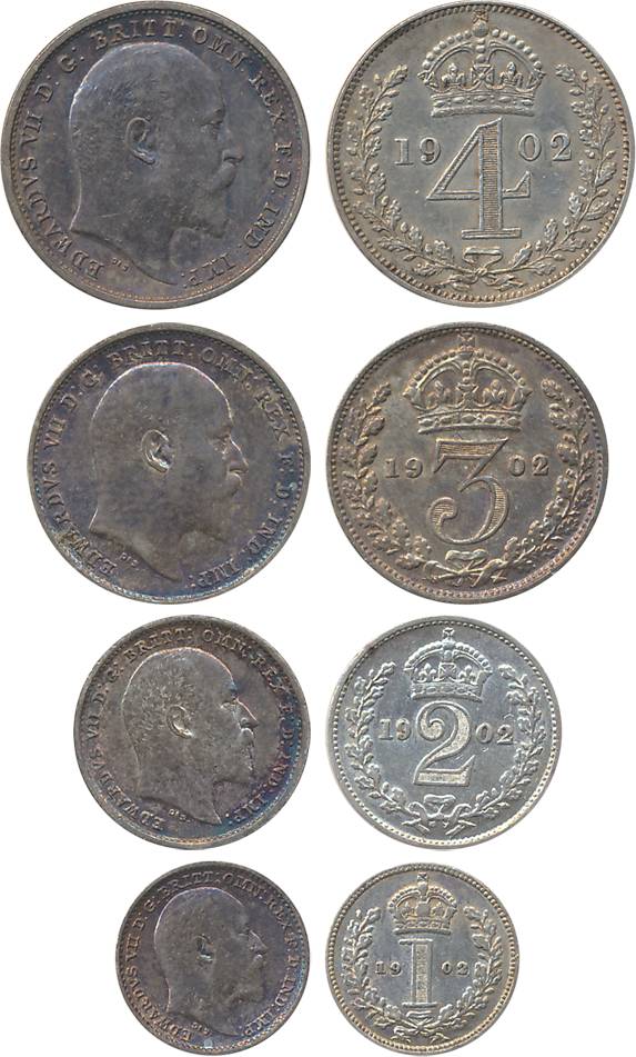 Great Britain, Edward VII, Silver Maundy Money Set of 4 coins, 1902, 1 Penny, 2, 3 & 4 Pen